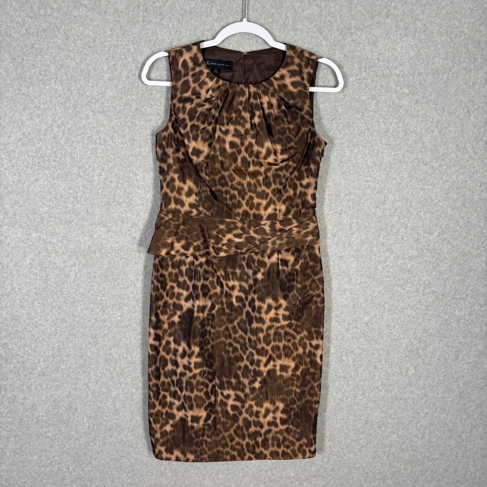 Anne Klein Animal Print Ruffle Pencil Dress Size 2 Peplum Pleated 90s Maximalism